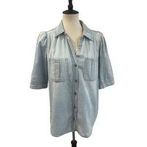 Democracy Light Wash Denim Chambray Puff Sleeve Button Up Shirt Pockets Size M